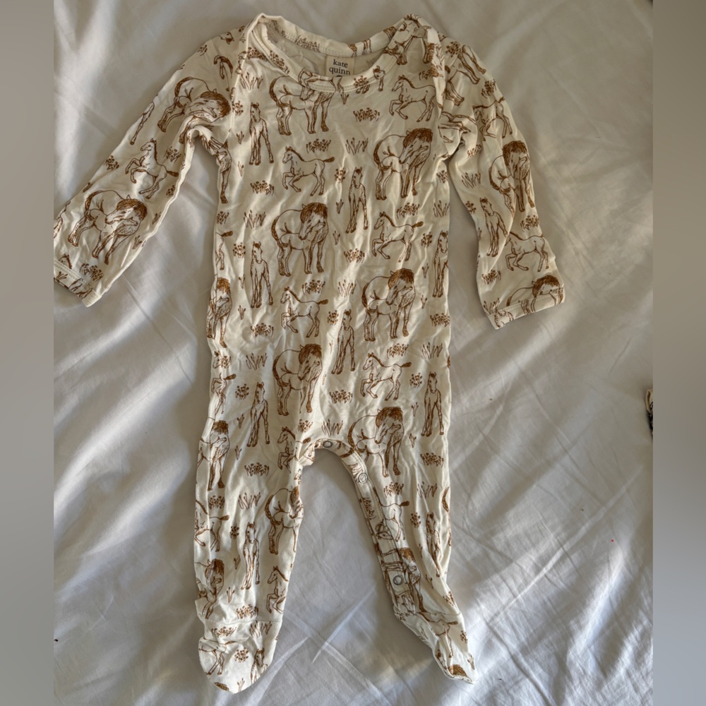 BNWOT Kate Quinn Cream and Brown Animal Horse Print BAMBOO One Piece 3-6m